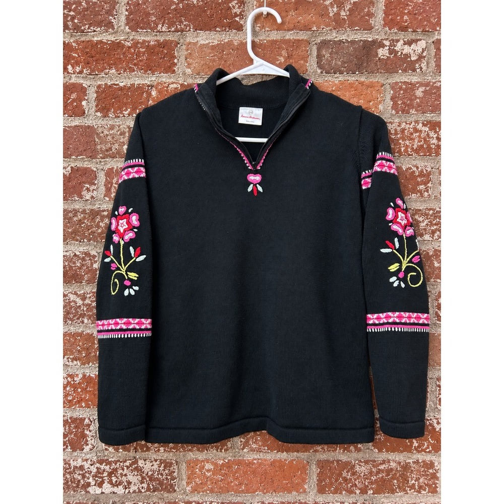 Hanna Andersson Black Floral Embroidered Zip Cotton Sweater 150 Cottagecore Boho
